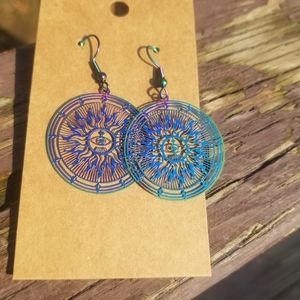 Sun with Eye Center Color changing Rainbow Stainless Steel Earrings